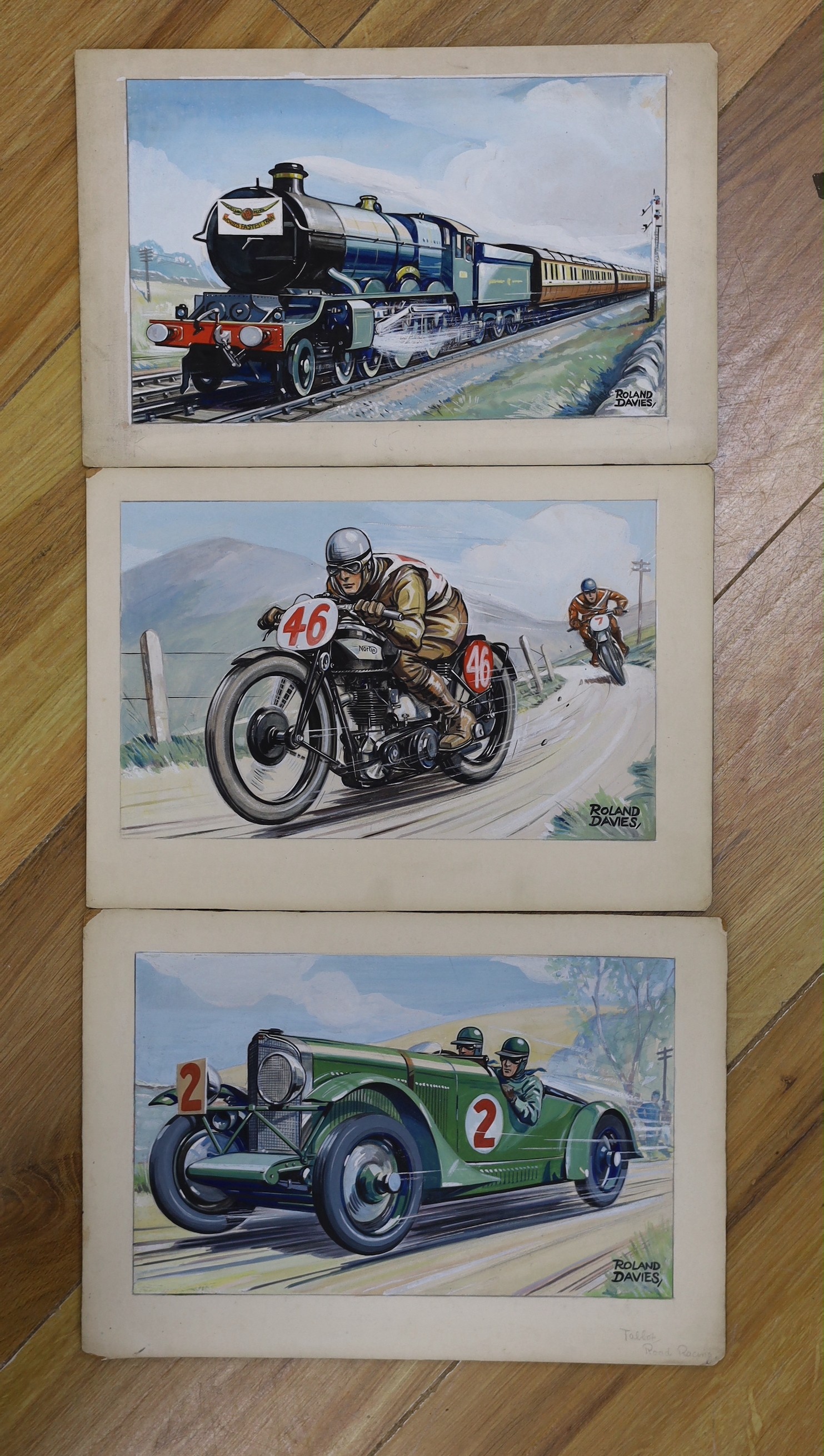 Roland Davies (1904-1993), three gouaches, Vintage transport, 'Legends of Speed', signed, 16 x 26cm, unframed